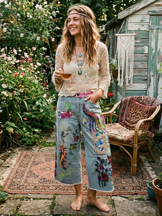 Denim - Hippie Indie Folk Art to Wear Festival Graffiti Floral Drop Crotch Jeans Medium